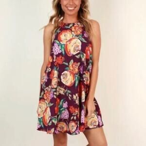 EVERLY Brand Women's Large Purple Floral Trapeze Dress Back Keyhole